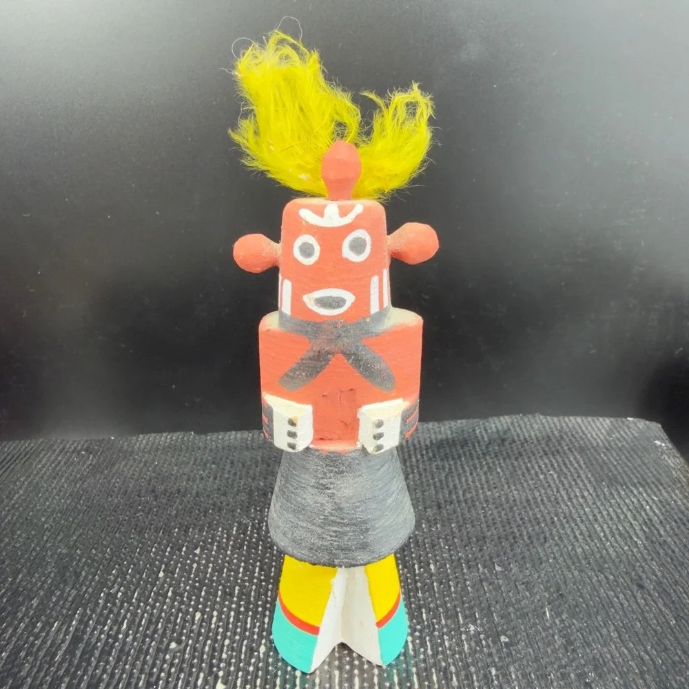 Vintage Hand Painted Wooden Mudhead Kachina Doll Yellow Feathers Folk Art Signed